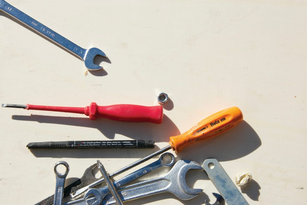 Set of professional electrician hand tools laid out for installation work