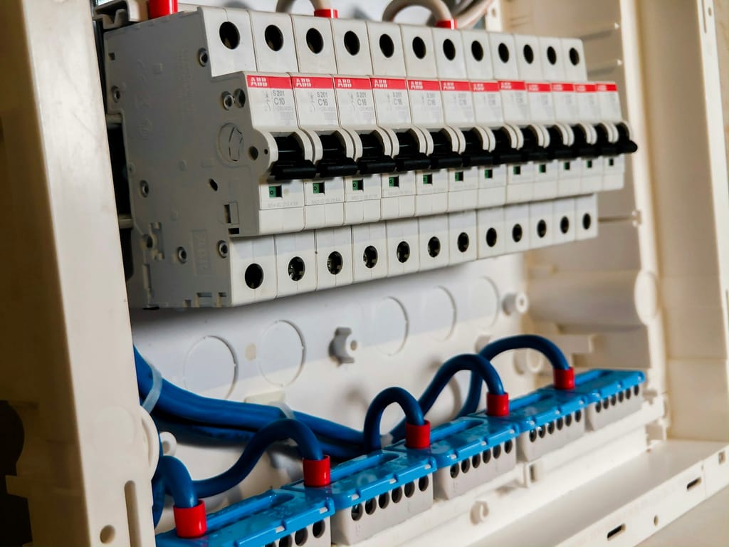 Electrical panel and circuit breakers inside a consumer unit enclosure