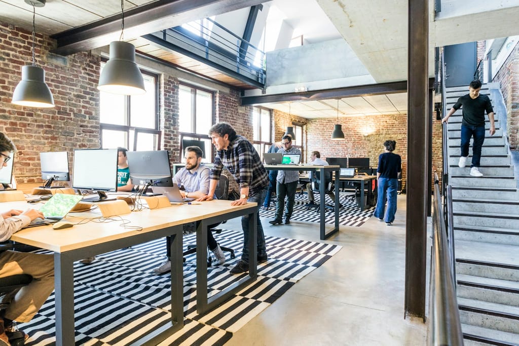 Workplace interior with efficient overhead lighting
